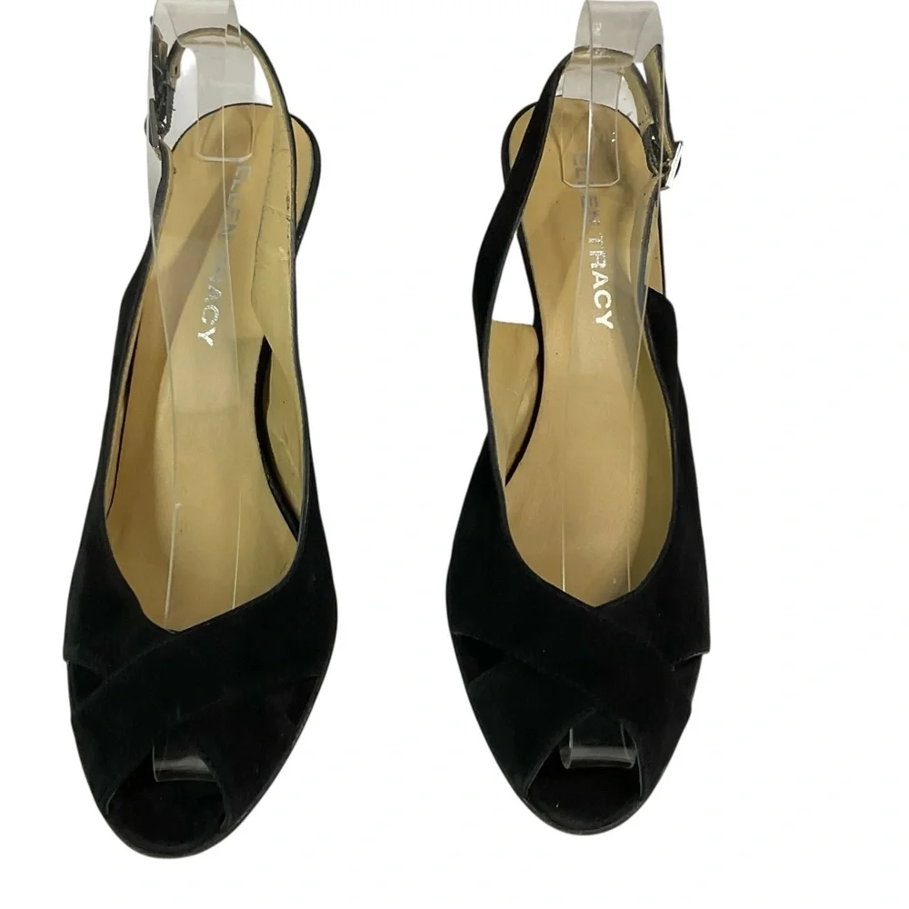 Ellen Tracy Black Suede Peep Toe Slingback Heeled Leather Sole Sandals Size 7.5